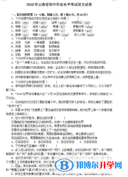 2020年臨滄中考試題