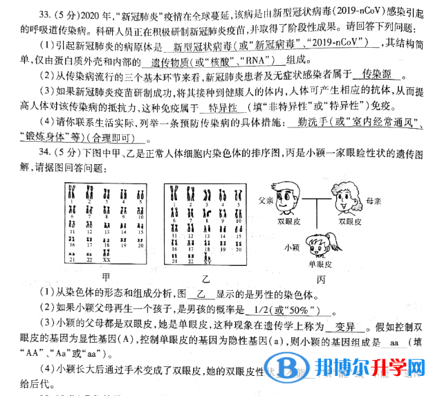 2021年寶雞生物中考會考試卷